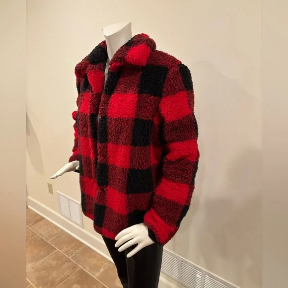 Knox Rose Buffalo Check Plaid Sherpa Jacket - Red and Black, Women’s M - Picture 4 of 12